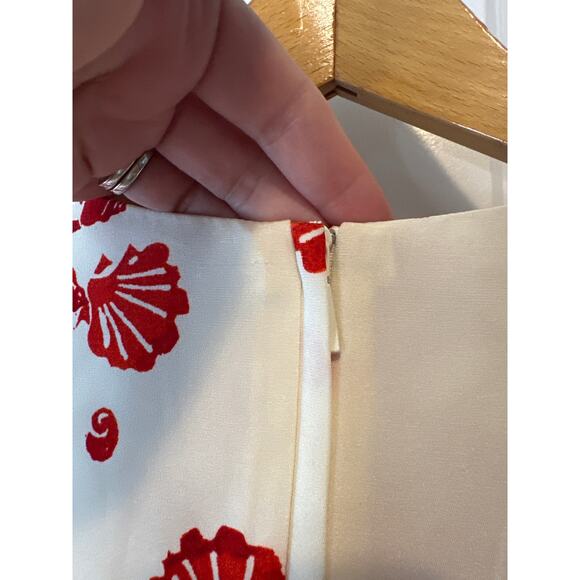 Samantha Sung Red & Ivory 100% Silk Printed Midi Dress with 3/4 Sleeves Size 2 - Picture 9 of 11